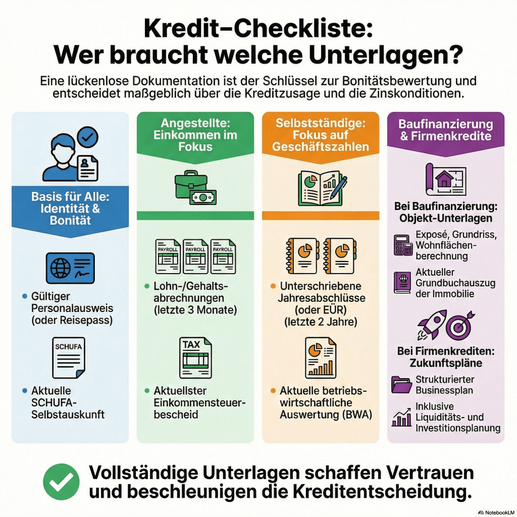 Infografik Kredit-Checkliste: Übersicht der benötigten Unterlagen. Basis für alle: Personalausweis und SCHUFA. Angestellte: Gehaltsabrechnungen (3 Monate) und Steuerbescheid. Selbstständige: Jahresabschlüsse (2 Jahre) und BWA. Baufinanzierung: Exposé, Grundriss und Grundbuchauszug. Firmenkredite: Businessplan sowie Liquiditäts- und Investitionsplanung.