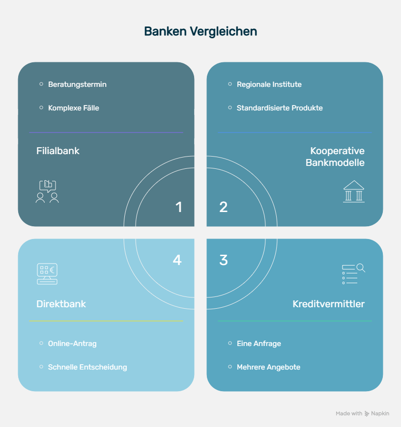 Grafischer Vergleich von vier Bankarten: Filialbank, kooperative Institute, Kreditvermittler und Direktbank mit Stichpunkten zu Leistungen