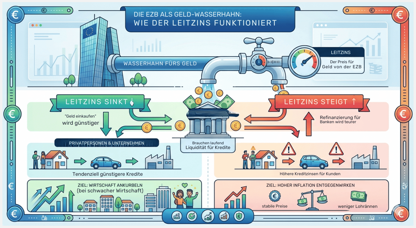 Diese Infografik illustriert die Funktion der Europäischen Zentralbank (EZB) als -Geld-Wasserhahn- des Euroraums und erklärt die Auswirkungen des Leitzinses auf die Wirtschaft. Im oberen Bereich ist das EZB-Gebäude zu sehen, von dem ein Rohr zu einem großen Wasserhahn führt; ein Manometer daneben definiert den Leitzins (beispielhaft 2,15 %) als den Preis, den Geschäftsbanken für Liquidität zahlen müssen. Das Geld fließt symbolisch in ein Bankgebäude in der Mitte, von wo aus zwei Szenarien dargestellt werden: Auf der linken, grün gestalteten Seite führt ein sinkender Leitzins zu günstigeren Refinanzierungskosten für Banken und damit zu preiswerteren Krediten für Privatpersonen und Unternehmen (symbolisiert durch Häuser, Autos und Fabriken), mit dem Ziel, die Wirtschaft bei einer Schwächephase anzukurbeln. Auf der rechten, rot markierten Seite wird gezeigt, dass ein steigender Leitzins die Refinanzierung verteuert, was zu höheren Kreditzinsen für Kunden führt und somit als Bremse dient, um einer hohen Inflation entgegenzuwirken und Preisstabilität zu gewährleisten. Die Grafik verdeutlicht so die Kettenreaktion von der Zentralbankentscheidung bis hin zu Konsum- und Investitionsanreizen in der Realwirtschaft.